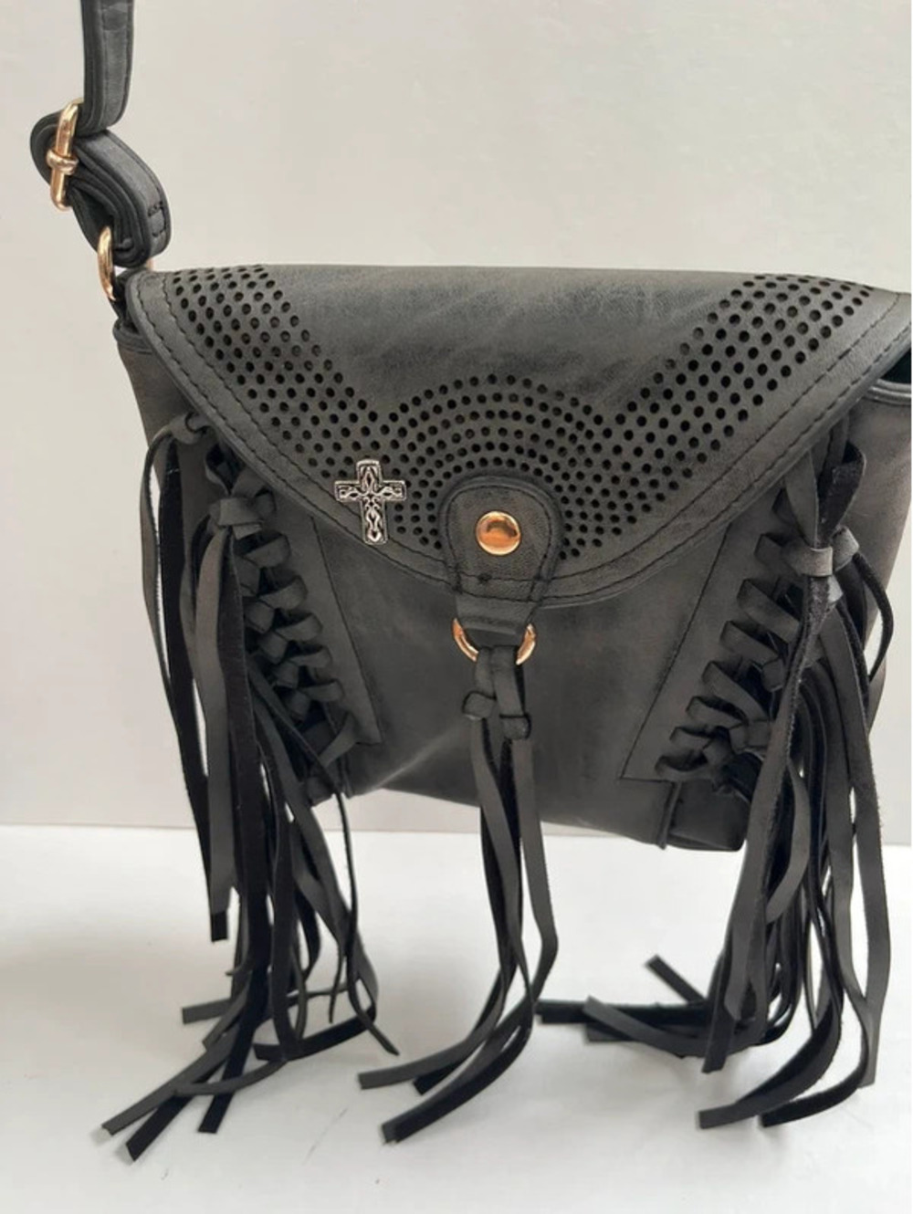 Mellow World Fringe Grey Vegan Crossbody Bag Boho Purse Medium Size Western